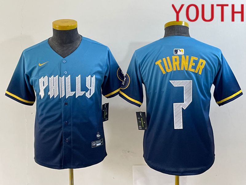 Youth Philadelphia Phillies 7 Turner Blue City Edition Nike 2024 MLB Jersey style 1